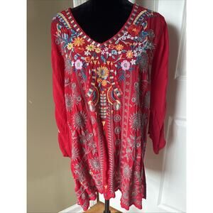 Johnny Was Tunic Embroidered Top Blouse Red multi Boho Floral long split slv M